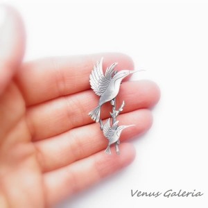 Broszka srebrna - Dwa kolibry na gałązce
