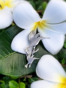 Srebrna broszka z kolibrami.